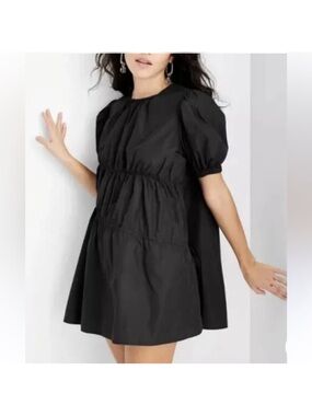 Women's Black Puff-Sleeve Mini Dress - Relaxed Babydoll Fit